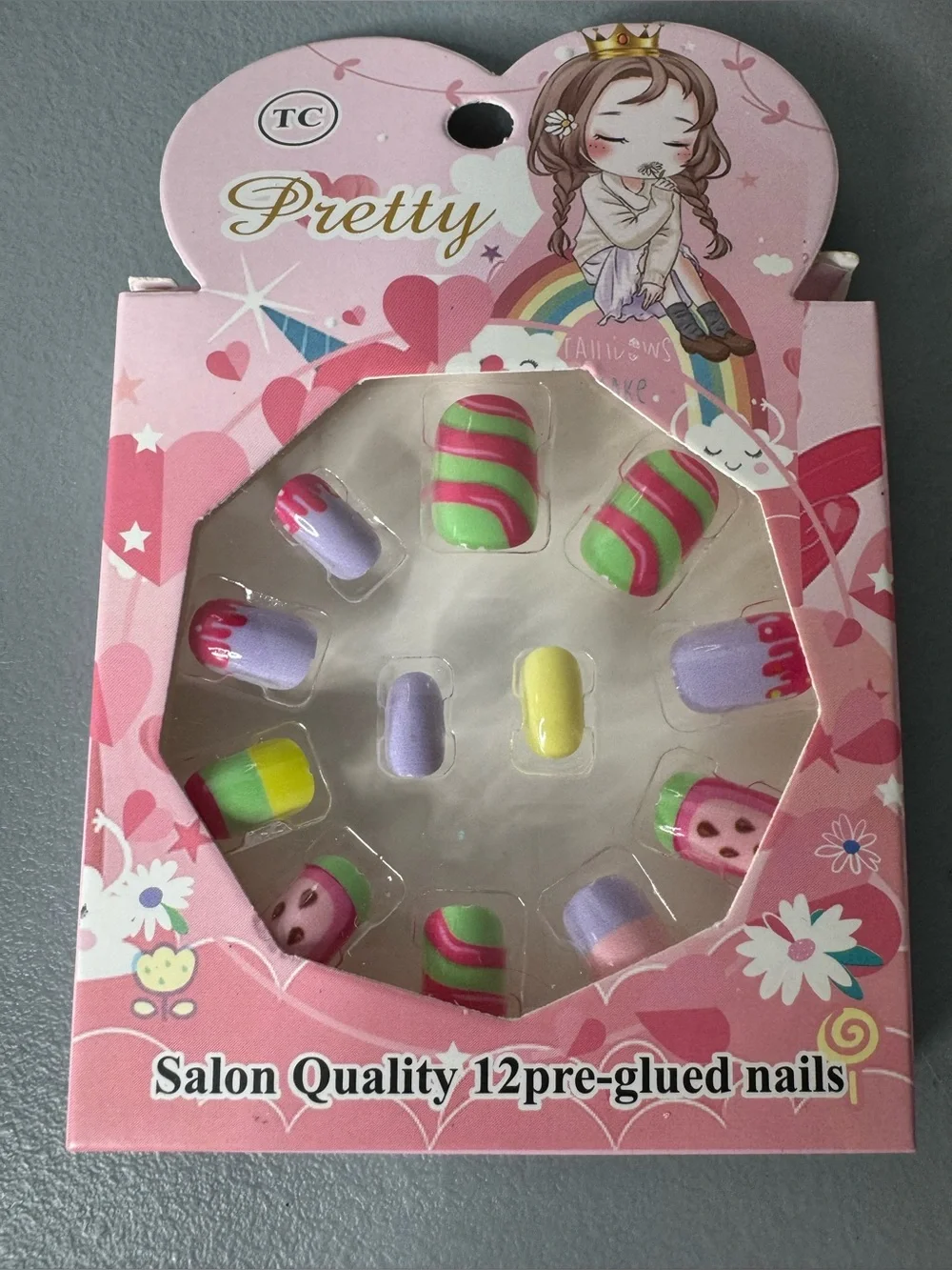 Girls dessert Pink Multicolor Pre-Glued Salon Nails 12pcs